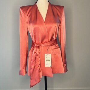 ZARA NWT Women Pink Satin Effects Blazer with Tie, SIZE S